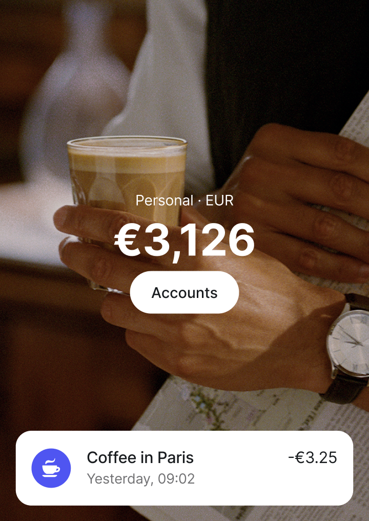 LARPZ app showing a EUR account with €3,126 and a coffee transaction